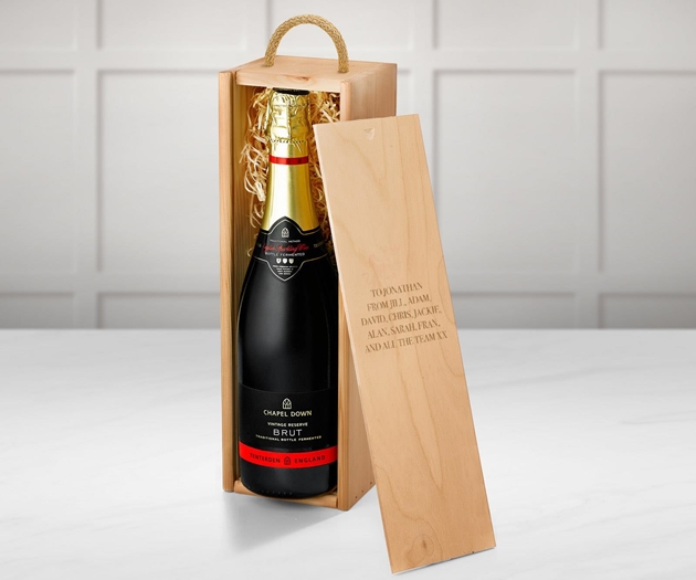 Housewarming Chapel Down Sparkling English Wine Gift Box With Engraved Personalised Lid